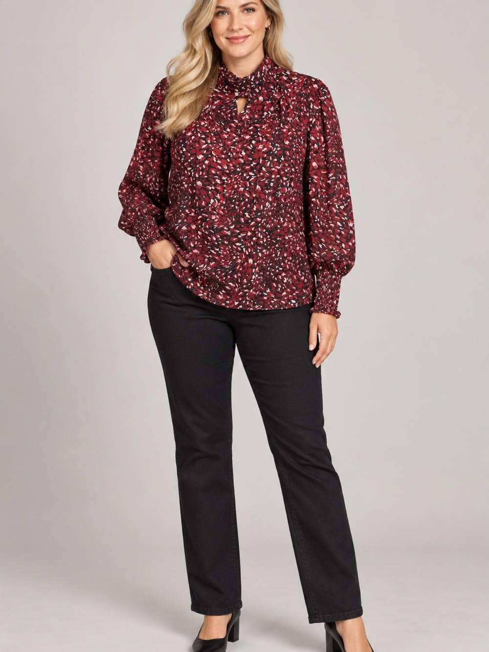 Eloquii Wine Red Floral Keyhole Blouse